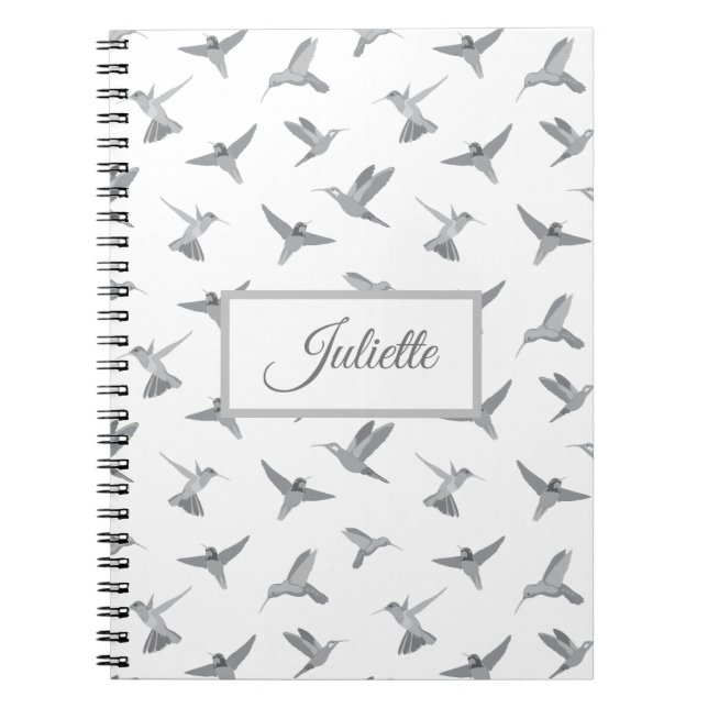 Grey White Hummingbird Pattern Personalised Notebook (Front)