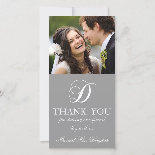 Grey White Initial D Wedding Thank You Photo Card (Front)