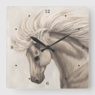 Grey White Ivory Horse Wild Mane Square Wall Clock