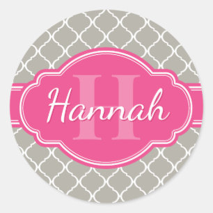 Grey White Lattice Pattern Pink Monogram Classic Round Sticker