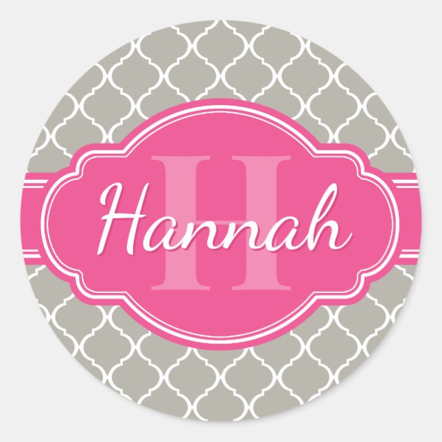Grey White Lattice Pattern Pink Monogram Classic Round Sticker (Front)
