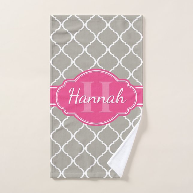 Grey White Lattice Pattern Pink Monogram Hand Towel (Hand Towel)