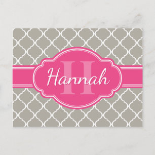 Grey White Lattice Pattern Pink Monogram Postcard