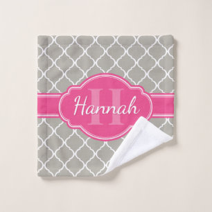 Grey White Lattice Pattern Pink Monogram Wash Cloth