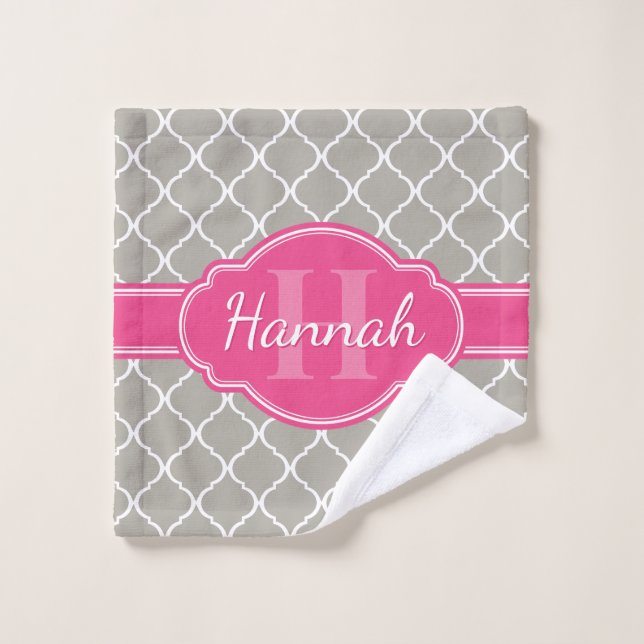 Grey White Lattice Pattern Pink Monogram Wash Cloth (Wash Cloth)