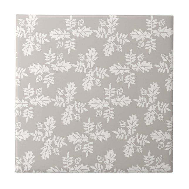 Grey White Leaves Vintage Line Leaf Pattern  Ceramic Tile (Front)