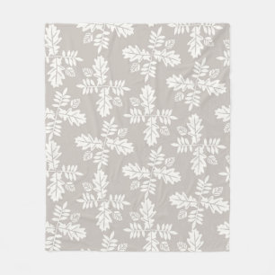 Grey White Leaves Vintage Line Leaf Pattern Fleece Blanket
