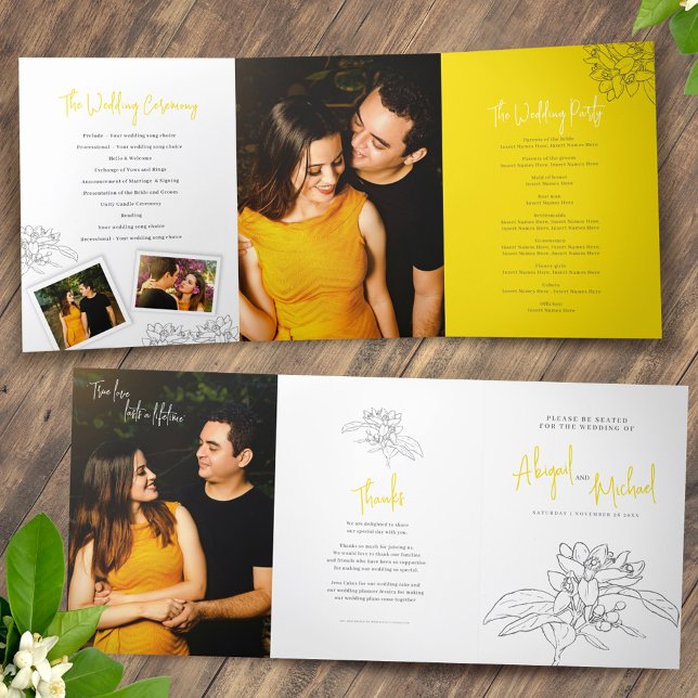 Grey white lemon yellow blossom photos wedding Tri-Fold programme (Creator Uploaded)