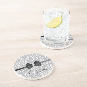 Grey White Leopard Ribbon Bow Diamond Coaster