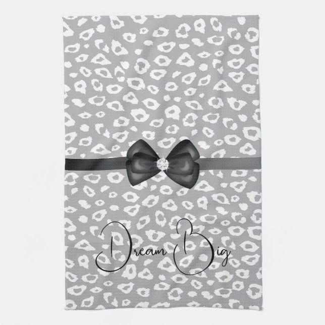 Grey White Leopard Ribbon Bow Diamond Tea Towel (Vertical)