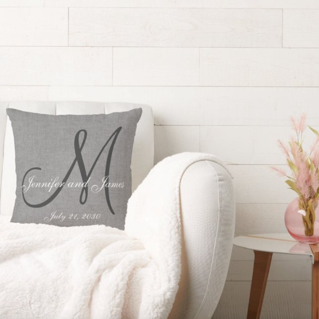 Grey White Linen Monogram Wedding Keepsake Cushion (Creator Uploaded)