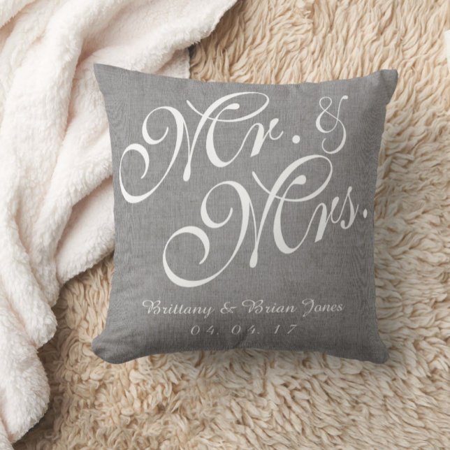 Grey White Linen Mr. and Mrs. Wedding Pillow (Creator Uploaded)