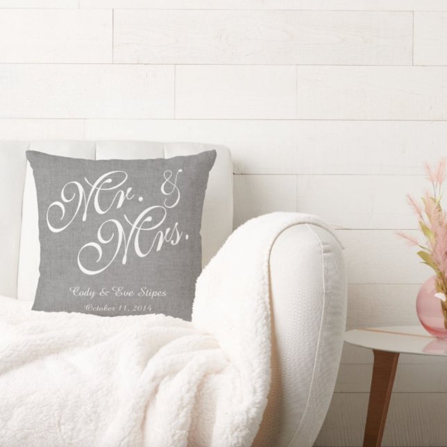Grey White Linen Mr. and Mrs. Wedding Pillow (Creator Uploaded)