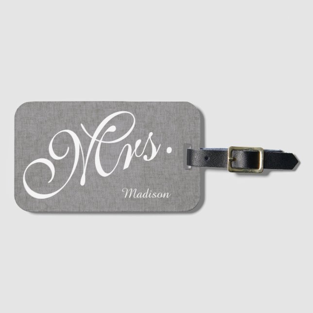Grey White Linen Newlywed Mrs. Wedding Luggage Tag (Front Horizontal)
