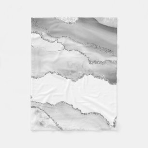 Grey White Marble Agate Minimal Silver Glitter Fleece Blanket