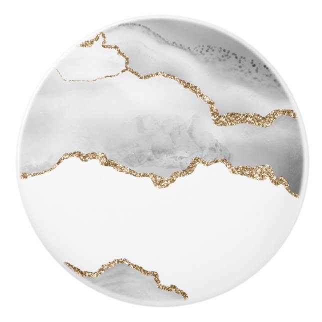 Grey White Marble Agate Refined Golden Glitter Ceramic Knob (Front)