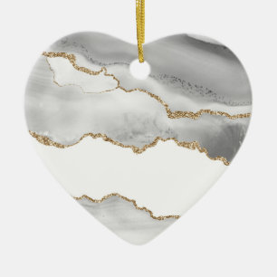 Grey White Marble Agate Refined Golden Glitter Ceramic Ornament