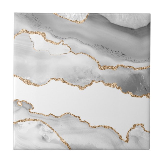 Grey White Marble Agate Refined Golden Glitter Ceramic Tile (Front)