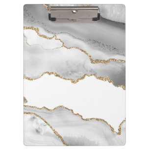 Grey White Marble Agate Refined Golden Glitter Clipboard