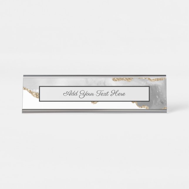 Grey White Marble Agate Refined Golden Glitter Desk Name Plate (Front)