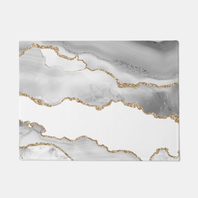 Grey White Marble Agate Refined Golden Glitter Doormat (Front)