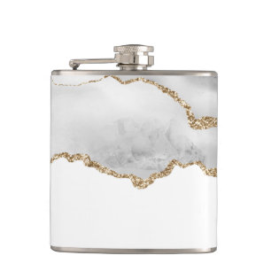 Grey White Marble Agate Refined Golden Glitter Hip Flask