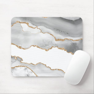 Grey White Marble Agate Refined Golden Glitter Mouse Pad