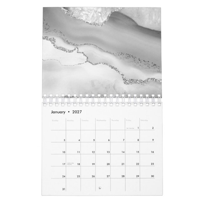 Grey White Marble Agate Simple Silver Glitter Calendar (Jan 2027)