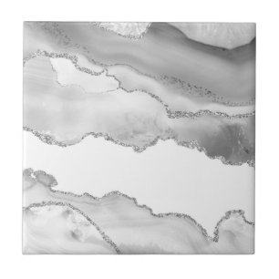 Grey White Marble Agate Simple Silver Glitter Ceramic Tile