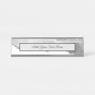 Grey White Marble Agate Simple Silver Glitter Desk Name Plate