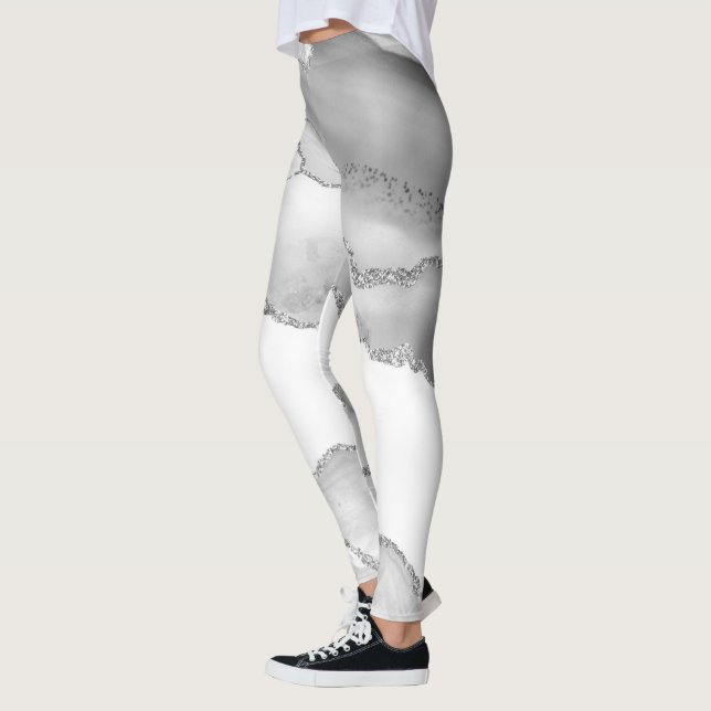 Grey White Marble Agate Simple Silver Glitter Leggings (Left)