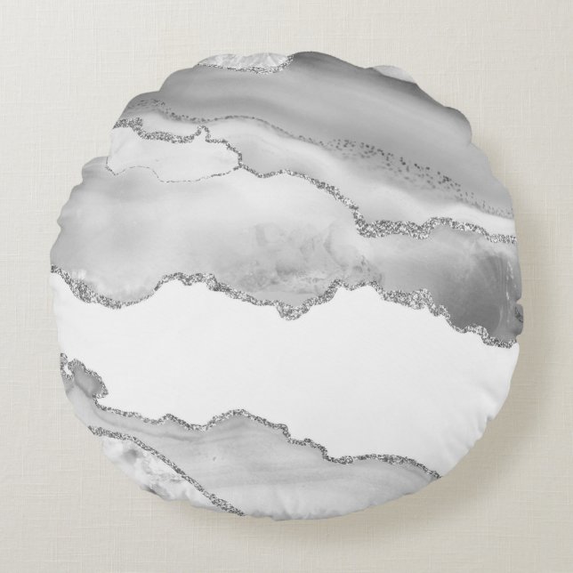 Grey White Marble Agate Simple Silver Glitter Round Cushion (Front)