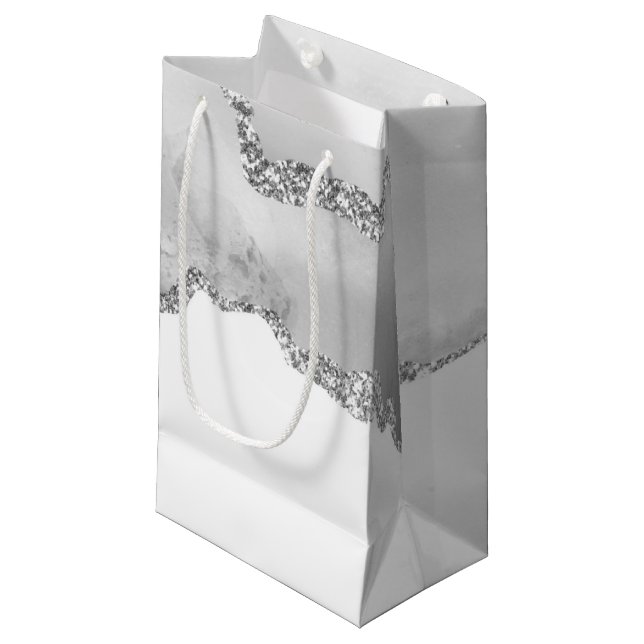 Grey White Marble Agate Simple Silver Glitter Small Gift Bag (Front Angled)