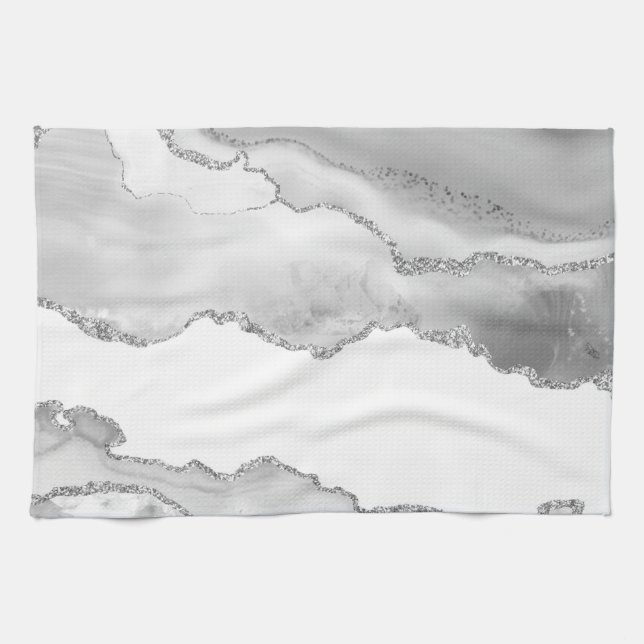 Grey White Marble Agate Simple Silver Glitter Tea Towel (Horizontal)