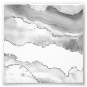 Grey White Marble Agate Simple Silver Sparkle Photo Print