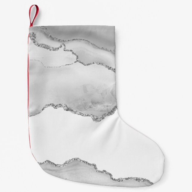 Grey White Marble Agate Simple Silver Sparkle Small Christmas Stocking (Front)
