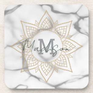 Grey & White Marble Effect Gold Mandala Monogram Coaster