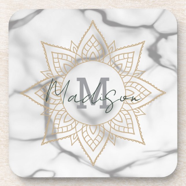 Grey & White Marble Effect Gold Mandala Monogram Coaster (Front)