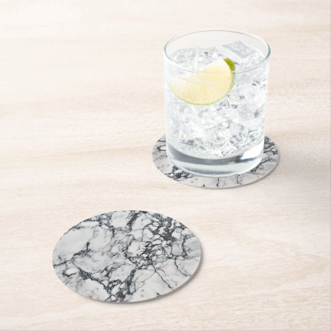 Grey White Marble Pattern Round Paper Coaster (Insitu)