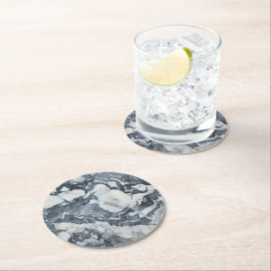 Grey White Marble Pattern Round Paper Coaster