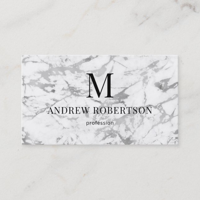 Grey White Marble QR Code Monogram Business Card (Front)