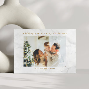 Grey White Marble Two Photo Christmas Horizontal Holiday Card