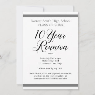 Grey & White Minimalist Ten 10 Year Class Reunion Invitation
