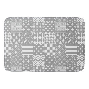 Grey White Mixed Patterns Patchwork Design  Bath Mat