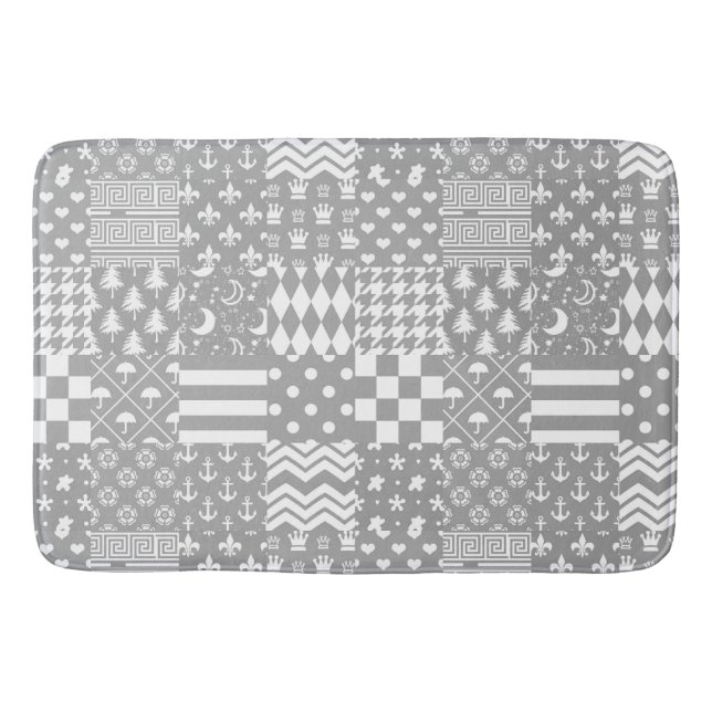 Grey White Mixed Patterns Patchwork Design  Bath Mat (Front)
