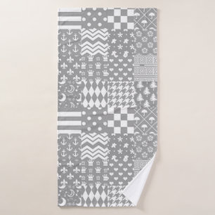 Grey White Mixed Patterns Patchwork Design Bath Towel