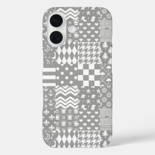 Grey White Mixed Patterns Patchwork Design iPhone 16 Case