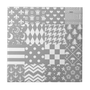 Grey White Mixed Patterns Patchwork Design Ceramic Tile