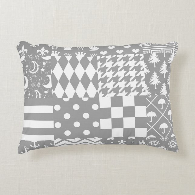 Grey White Mixed Patterns Patchwork Design  Decorative Cushion (Front)