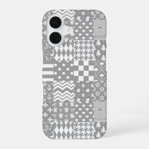 Grey White Mixed Patterns Patchwork Design iPhone 16 Case